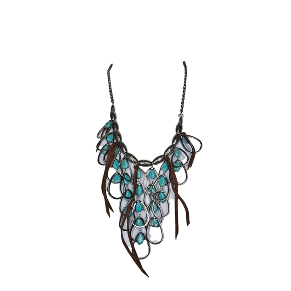 Statement Faux Turquoise, Mixed Metals, and Leather Necklace - Picture 2 of 6